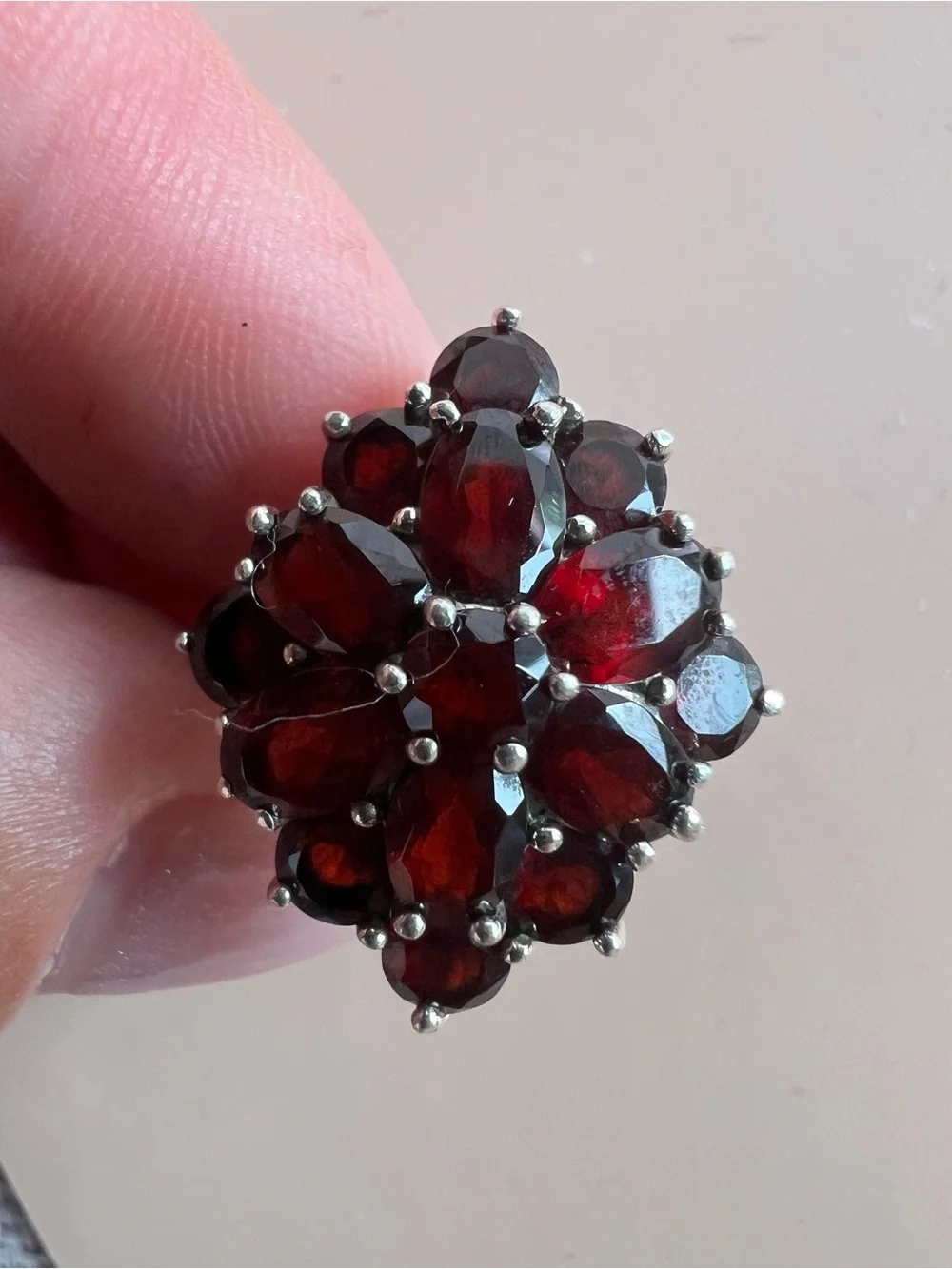 Sterling Silver Garnet Cluster Ring - Deep Red